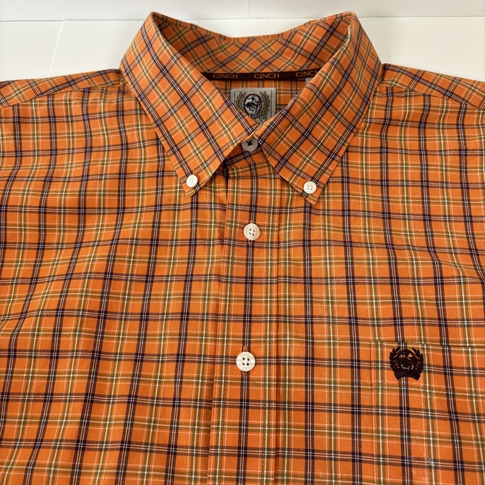 Cinch Western Plaid Long Sleeve Button-Down Cotton Mens Shirt Orange Size XL EUC